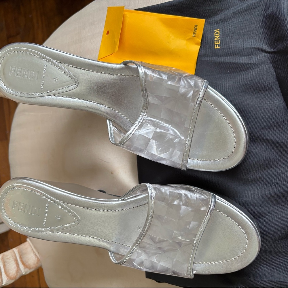 Fendi Silver Textured Slide Mules - Picture 12 of 12